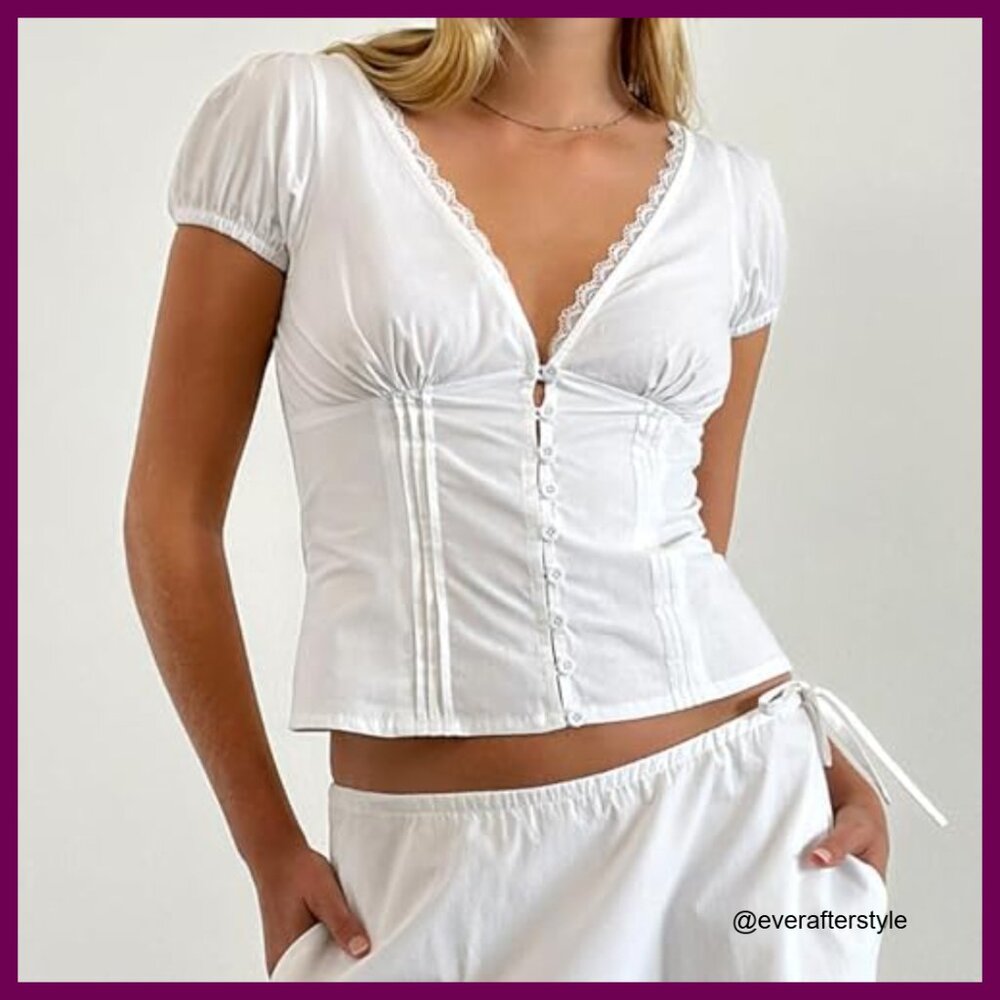 Polyester Elastane Button Down Shirt V-Neck Short… - image 2